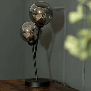 ValueLights Aria Black Metal 2 Way Bedside Table Lamp with Smoked Glass Lampshades - Bulbs Included