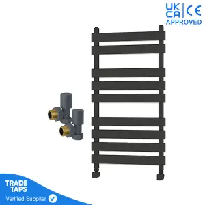 Designer Marvella Anthracite Flat Panel Towel Radiator Heated Ladder Rail - 950 x 500mm - Angled Manual Round Valve Pair