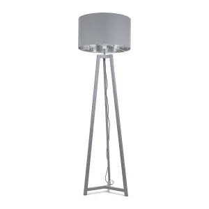 ValueLights Lottie Grey Wood Tripod Floor Lamp with Grey/Chrome Drum Shade