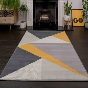 Yellow Ochre Grey Geometric Living Room Rug 120x170cm