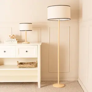 ValueLights Triston Natural Light Wood Stem Table Lamp with Linen Black Trim Drum Lamp Shade and LED Bulb