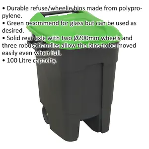 100 Litre Green Wheelie Bin with Solid Axle and 200mm Wheels for Easy Mobility