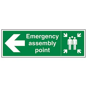 Emergency Assembly Point Arrow LEFT Sign Rigid Plastic 600x200mm (x3)