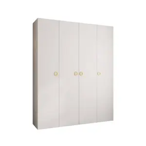 Stylish White Como I Hinged Door Wardrobe H2460mm W2000mm D500mm, Four Doors, Sixteen Shelves, Two Hanging Rails, Gold Handles