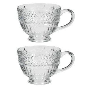 Set of 2 Vintage Style Embossed Footed Coffee Mug Clear Tea Cups