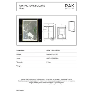 RAK Picture Square 600x800mm Brushed Gold Square with Touch Sensor Illuminated Mirror IP44