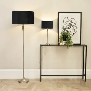 ValueLights Maggie Brushed Chrome Candlestick Slim Table Lamp with Black Velvet Drum Lamp Shade and LED Bulb