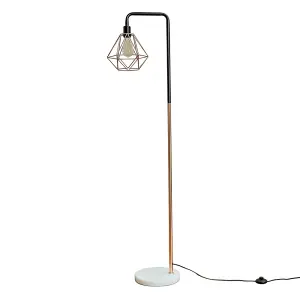 ValueLights Talisman Black Copper Metal and White Marble Base Floor Lamp with Copper Metal Basket Cage Shade