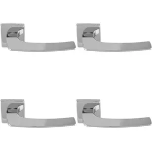 4 PACK - Premium Curved Slim Door Handle Set - Polished Chrome Plain Lever on Square Rose