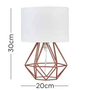 ValueLights Angus Pair of Angus Small Copper Metal Basket Cage Table Lamps with White Fabric Shades