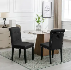 Set of 6 High Back Velvet Upholstered Kitchen Dining Chairs with Pull Knocker Ring Back Office Chairs Black