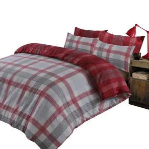 Dreamscene Boston Brushed Cotton Duvet Cover Pillowcase Bedding Set, Red Double