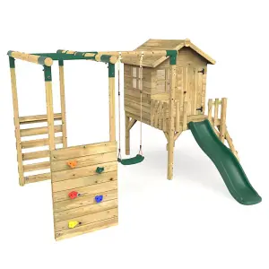 Rebo Orchard 4ft Wooden Children's Playhouse, Swings, Monkey Bars, Deck & 6ft Slide - Single Swing - Solar Green