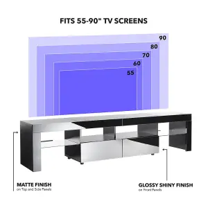 Modern Black 200cm Matt Gloss TV Stand Cabinet Suitable for 55 - 80 Inch 4K LED Flat Screen TV's Glass Shelves