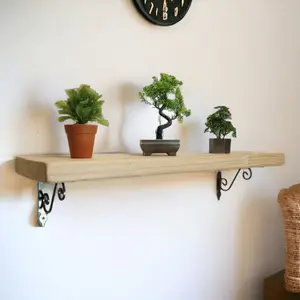 Solid Wood Handmade Rustical Shelf Unprimed 145mm 6 inch with Silver Metal Bracket WOZ Length of 230cm