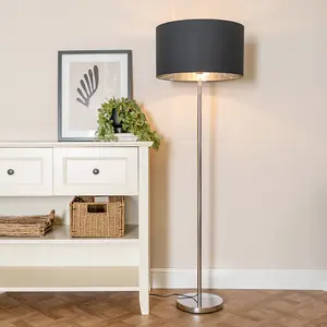 ValueLights Charles Chrome Stem Floor Lamp with Black with Chrome Inner Lamp Shade and LED Bulb