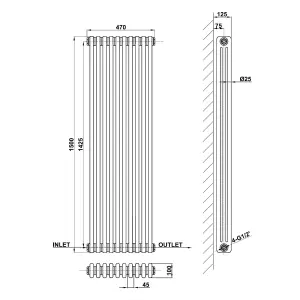 Vertical Anthracite Triple Column Radiator (H) 1500mm x (W) 470mm, 7238 BTU.