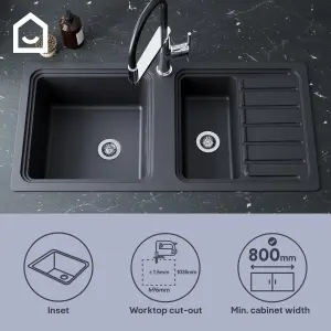 GoodHome Romesco Black Granite 1.5 Bowl Sink & drainer 515mm x 1050mm