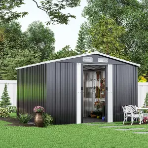 8 x 8 ft Metal Shed Garden Storage Shed Apex Roof Double Door with Base Foundation, Charcoal Black