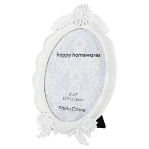 Ornate Oval Matt White Resin 5x7 Photo Frame with Moulded Sunflowers and Leaves