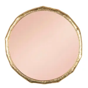 Green Decore Zenith Organic Circular Brass Wall Mirror With Pink glass Mirror For Hallway Metal Frame, Brass, 61cm Round