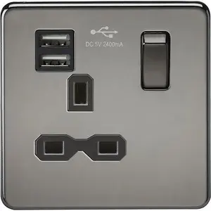 Knightsbridge Screwless Single Switched Socket with Dual USB A 13A Black Nickel - SFR9124BN