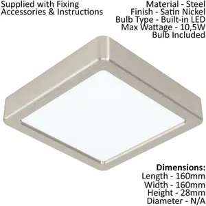 Wall / Ceiling Light Satin Nickel 160mm Sqaure Surface Mounted 10.5W LED 3000K