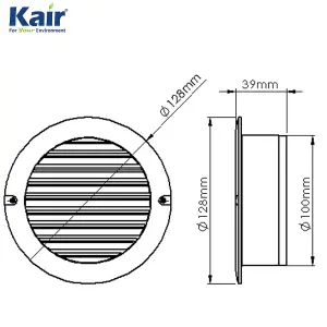 Kair White Circular Vent 128mm Dimension Wall Grille with Fly Screen and 100mm - 4 inch Round Rear Spigot