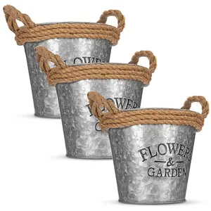 LIVIVO Zinc Plant Pot with Cotton Rope Handles - 'Flowers & Garden' Design for Outdoor or Indoor, Flower Herb & Pot (Set of 3)