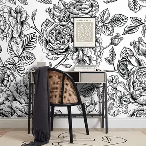 Gentle Roses Mural In Monochrome (350cm x 240cm)