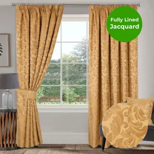 Home Curtains Buckingham Damask Fully Lined 45w x 90d" (114x229cm) Gold Pencil Pleat Curtains (PAIR)