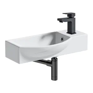 460mm Curved Wall Hung 1 Tap Hole Basin Matt Black Form Tap & Minimalist Bottle Trap Waste