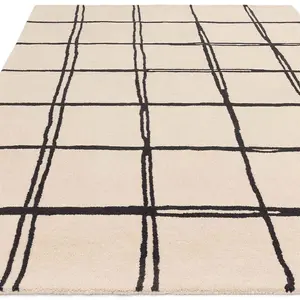 Monochrome Chequered Wool Modern Shaggy Handmade Rug For Living Room Bedroom & Dining Room-120cm X 170cm