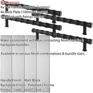 4 PACK - Pull Handle & Contrasting Backplate Set - Modern Bamboo T Bar - Matt Black & Chrome