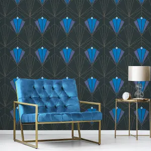 Isadora Blue Gold Art Deco Retro Wallpaper Debona Paste The Wall Glitter Textured Vinyl