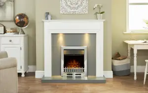 Adam Honley Fireplace in Pure White & Grey with Downlights & Blenheim Electric Fire in Chrome, 48 Inch