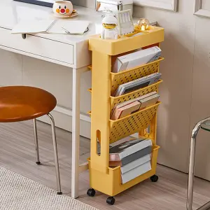 5-Tier Bookshelf Book Rack Small, Plastic Storage Trolley Cart  - Yellow