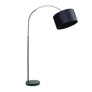 ValueLights Louis Black Arched Curved Floor Lamp with Navy Blue Velvet Drum Lamp Shade and LED Bulb