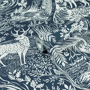 furn. Winter Woods Blue Woodland Printed Wallpaper Sample