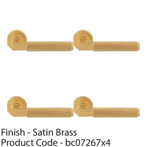 4 PACK - Premium Knurled Door Handle Set - Satin Brass Angled Lever on Round Rose