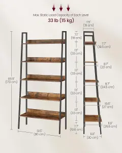 VASAGLE Ladder Rack, Storage Shelf, 5-Tier Compact Shelf, Bookcase, Industrial, Rustic Brown and Ink Black