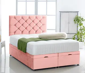 Pink Plush Foot Lift Ottoman Bed With Memory Spring Mattress And   Studded  Headboard 6.0 FT Super King