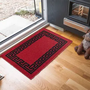 Machine Washable Greek Key Design Anti Slip Doormats Red Black 57x90 cm