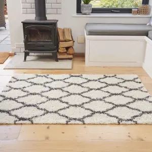 Cream Grey Neutral Trellis Scandi Shaggy Living Area Rug 160x220cm