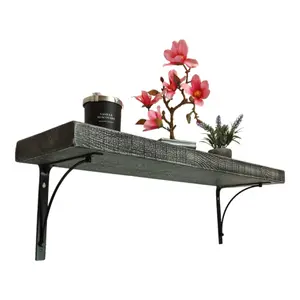 Solid Wood Handmade Rustical Shelf Monochrome 175mm 7 inch with Black Metal Bracket BOW Length of 170cm