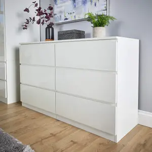 Home Source Lugano White 6 Drawer Wide Chest of Drawers High Gloss Drawer Fronts