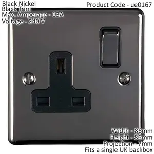 1 Gang Single UK Plug Socket BLACK NICKEL 13A Switched Mains Wall Power Outlet