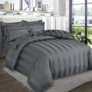 Renze Microfiber 250 TC Reversible Stripe Duvet Cover Set with Pillowcases Grey / Double Duvet Cover + 2 Standard  Pillowcases