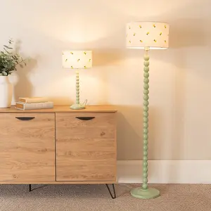 ValueLights Bobbins Sage Green Table Lamp with Lemon Embroidered Drum Lamp Shade