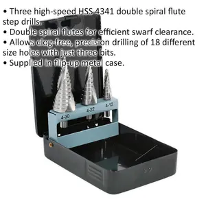 Precision 3-Piece HSS 4341 Spiral Flute Step Drill Bit Set for Versatile Hole Drilling